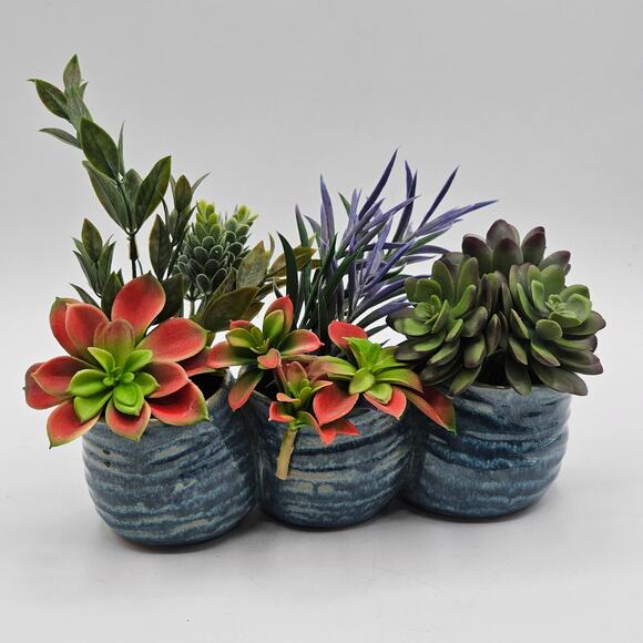 Handcrafted Vintage Studio Pottery Glazed Blue Swirl Ceramic Planter Trio - Picture 2 of 6